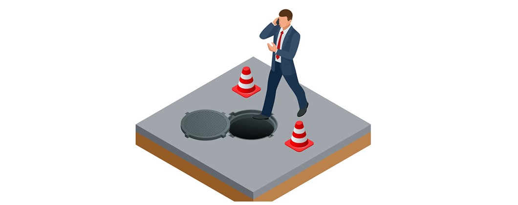 Illustration of man on phone about to fall into a open grid
